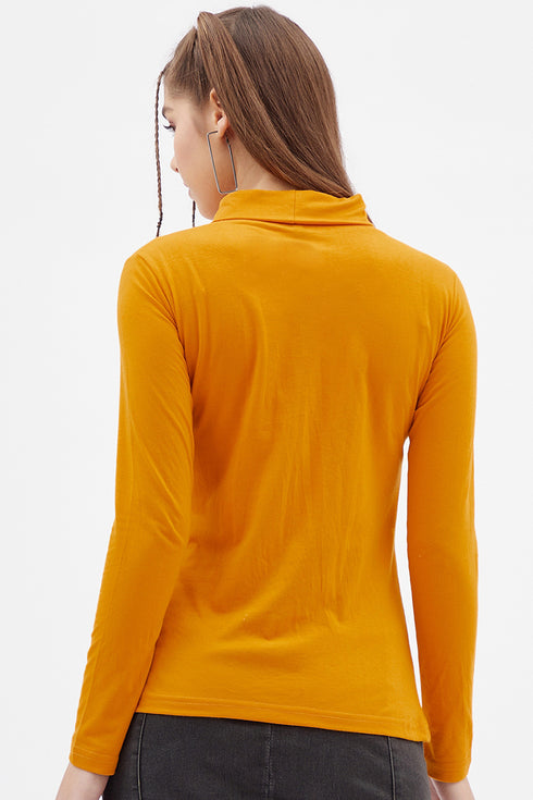 Women Mustard Highneck Full sleeves T-shirt